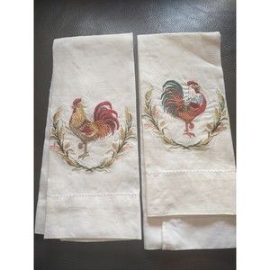 Cotton ramie blend kitchen towel pair chicken embroidery